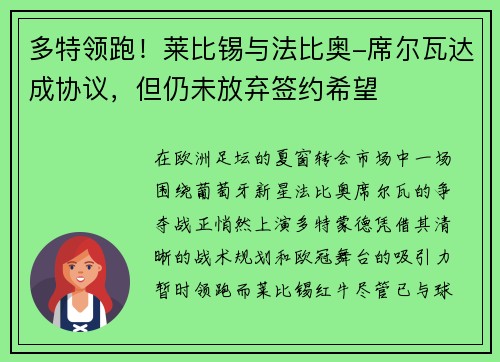 多特领跑！莱比锡与法比奥-席尔瓦达成协议，但仍未放弃签约希望